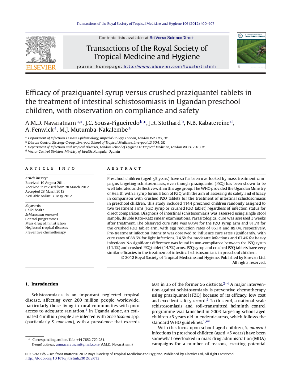 Efficacy of praziquantel syrup versus crushed praziquantel tablets in the treatment of intestinal schistosomiasis in Ugandan preschool children, with observation on compliance and safety