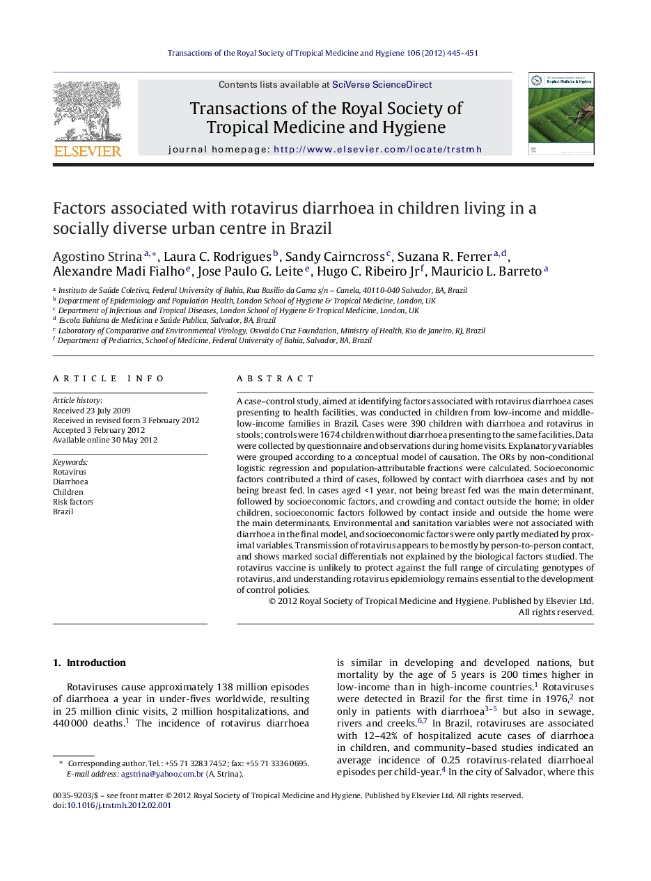 Factors associated with rotavirus diarrhoea in children living in a socially diverse urban centre in Brazil