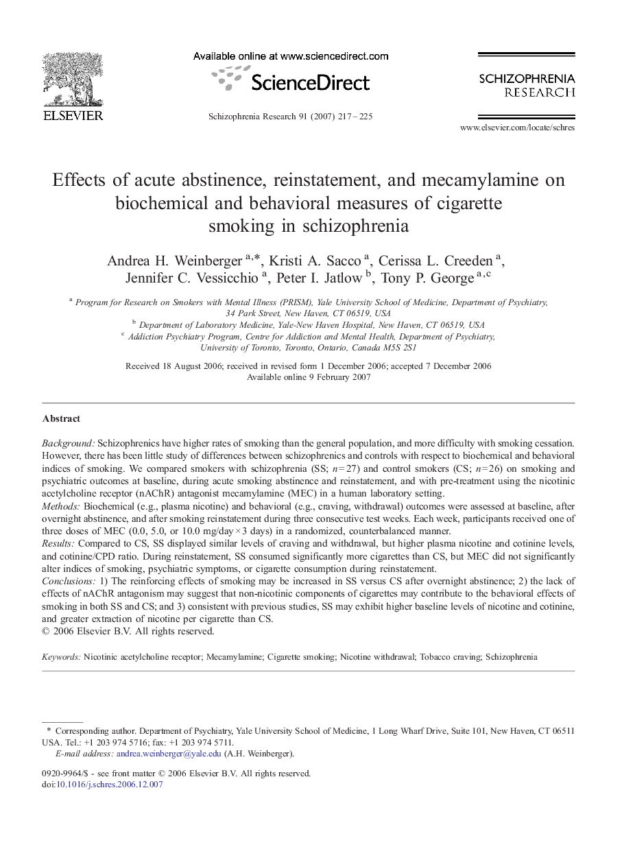 Effects of acute abstinence, reinstatement, and mecamylamine on biochemical and behavioral measures of cigarette smoking in schizophrenia