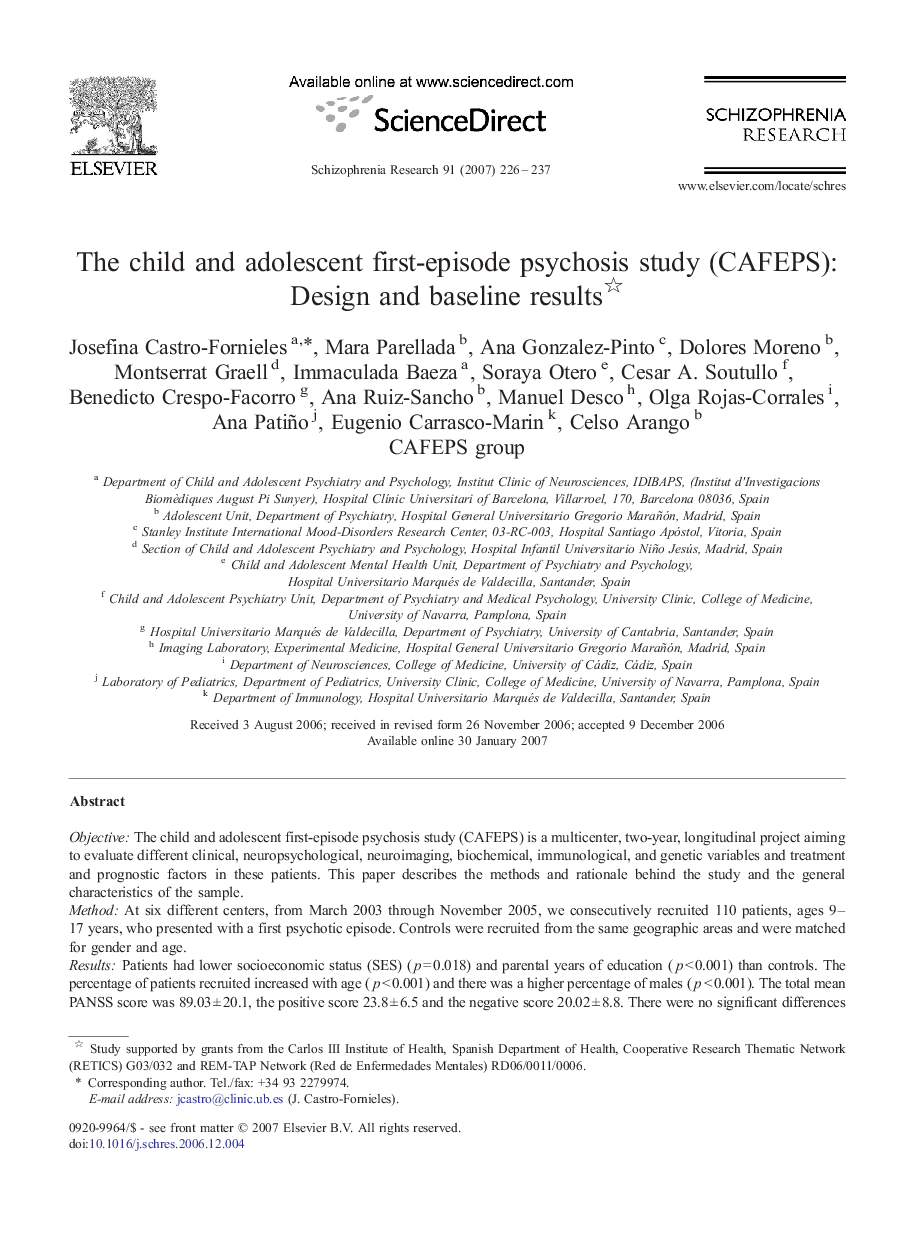 The child and adolescent first-episode psychosis study (CAFEPS): Design and baseline results 