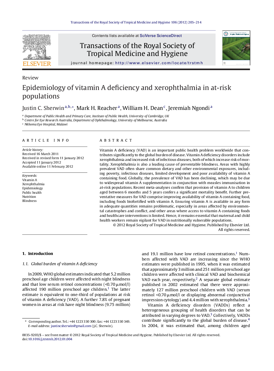 Epidemiology of vitamin A deficiency and xerophthalmia in at-risk populations