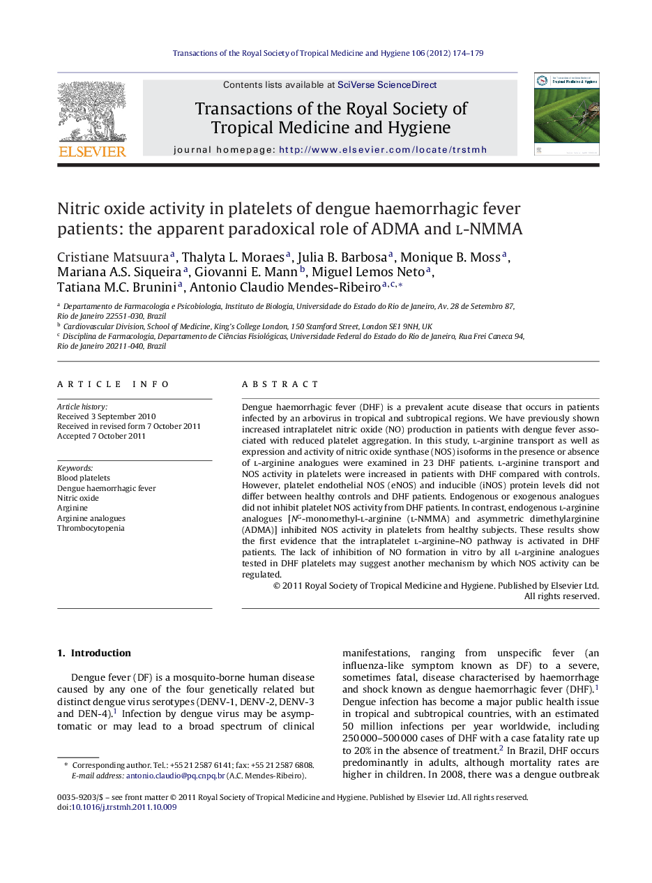 Nitric oxide activity in platelets of dengue haemorrhagic fever patients: the apparent paradoxical role of ADMA and l-NMMA