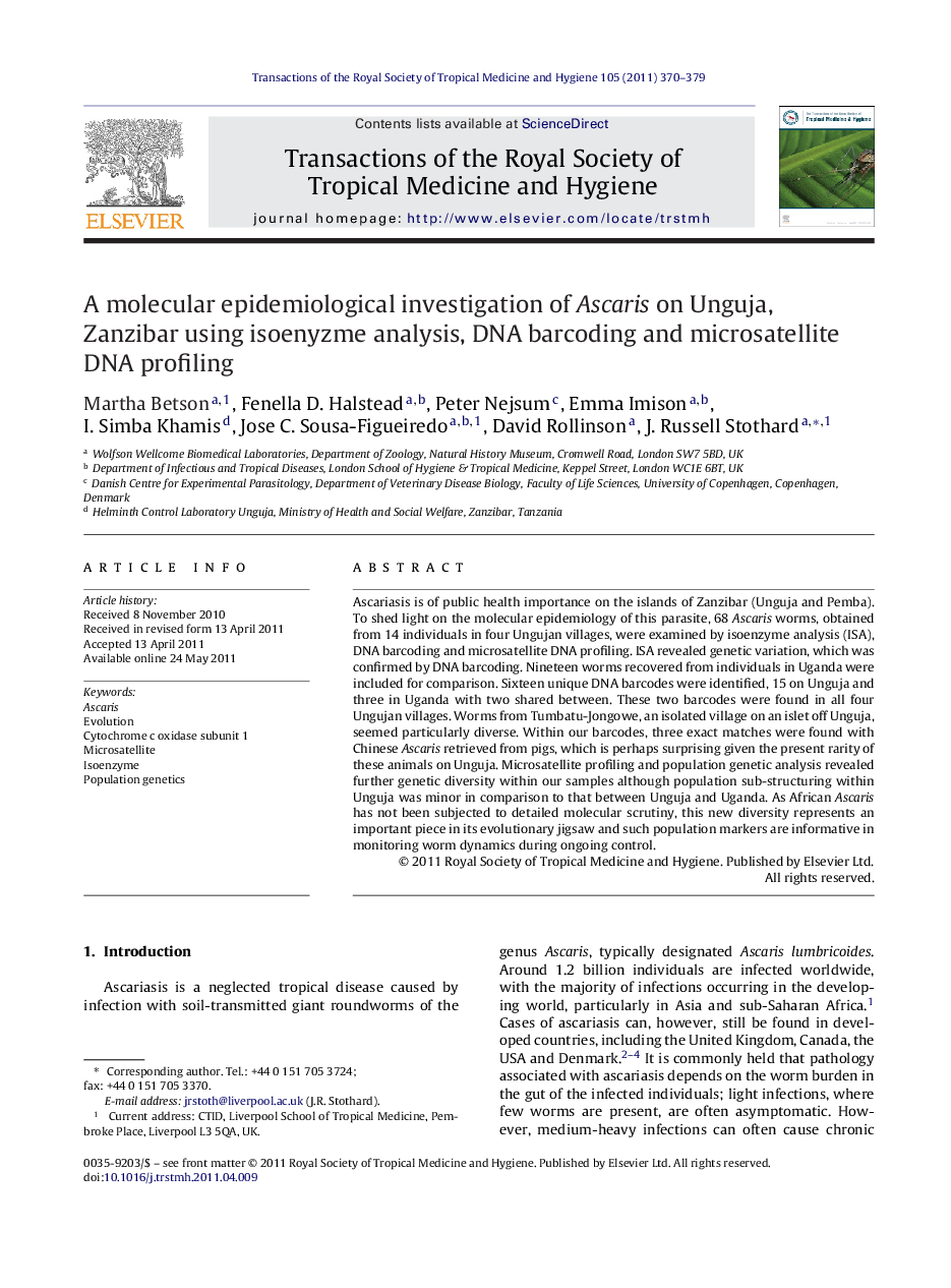 A molecular epidemiological investigation of Ascaris on Unguja, Zanzibar using isoenyzme analysis, DNA barcoding and microsatellite DNA profiling