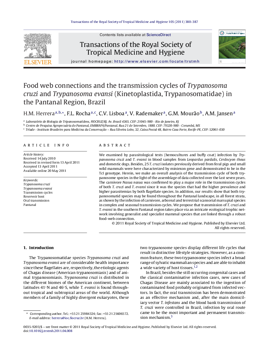 Food web connections and the transmission cycles of Trypanosoma cruzi and Trypanosoma evansi (Kinetoplastida, Trypanosomatidae) in the Pantanal Region, Brazil