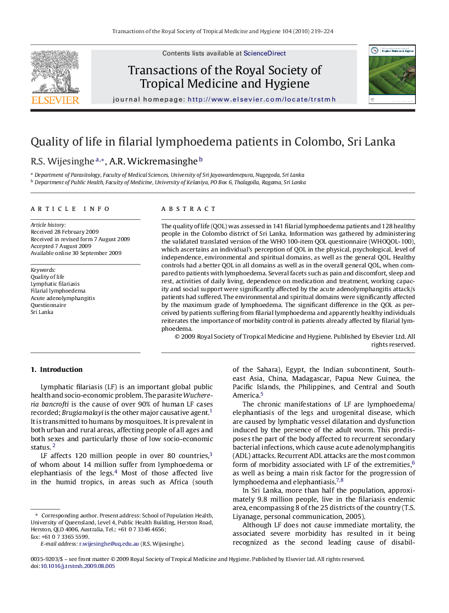 Quality of life in filarial lymphoedema patients in Colombo, Sri Lanka