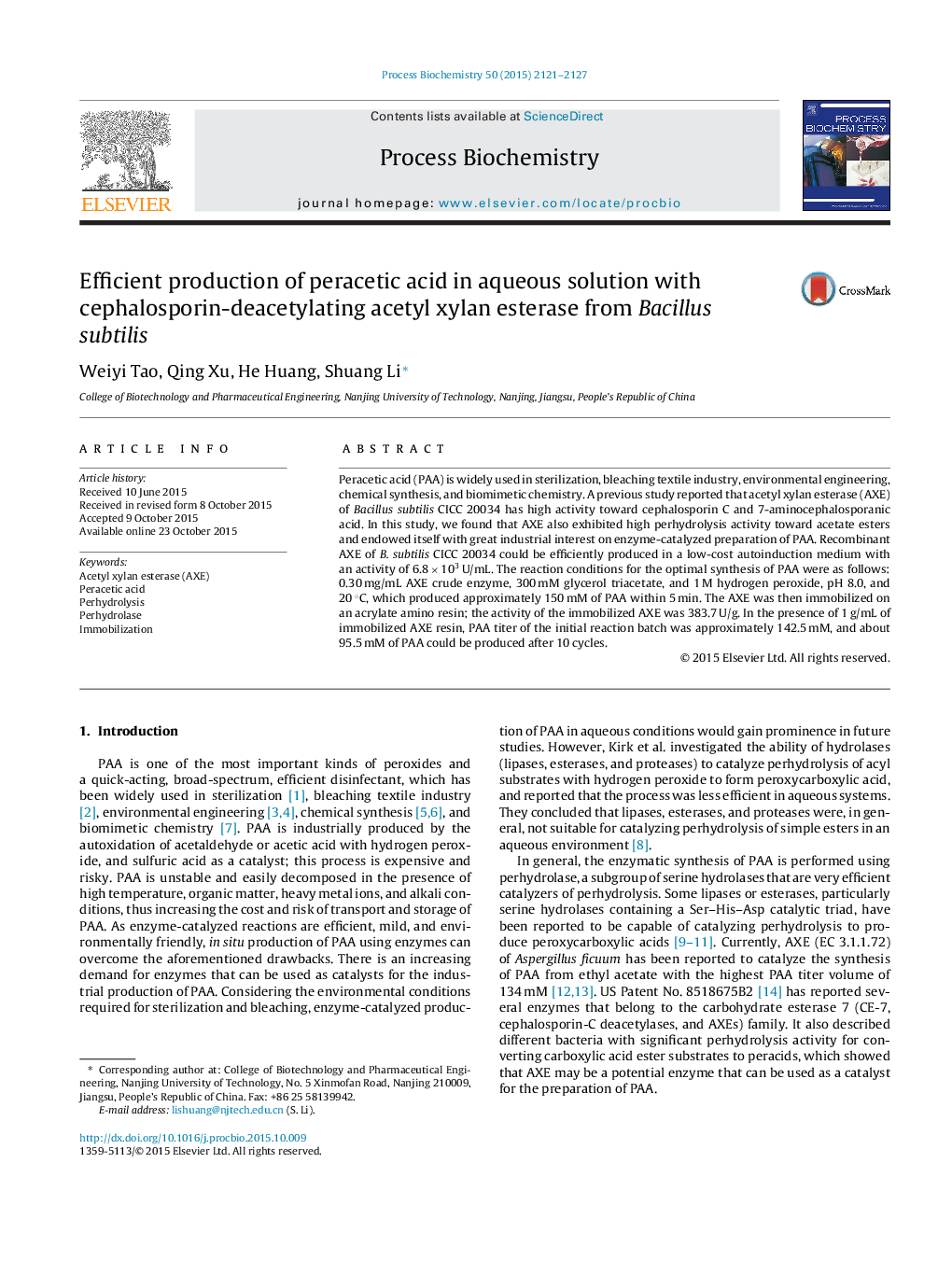 Efficient production of peracetic acid in aqueous solution with cephalosporin-deacetylating acetyl xylan esterase from Bacillus subtilis