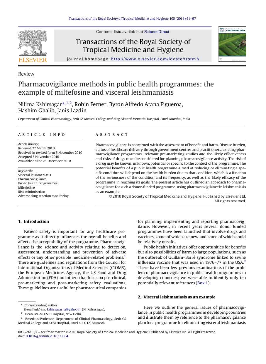 Pharmacovigilance methods in public health programmes: the example of miltefosine and visceral leishmaniasis