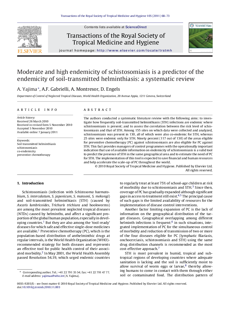 Moderate and high endemicity of schistosomiasis is a predictor of the endemicity of soil-transmitted helminthiasis: a systematic review