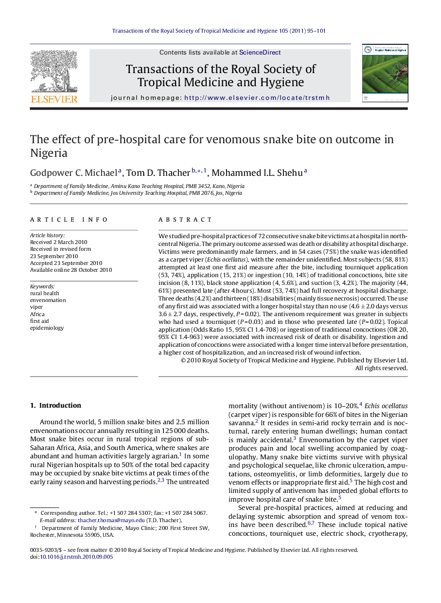 The effect of pre-hospital care for venomous snake bite on outcome in Nigeria