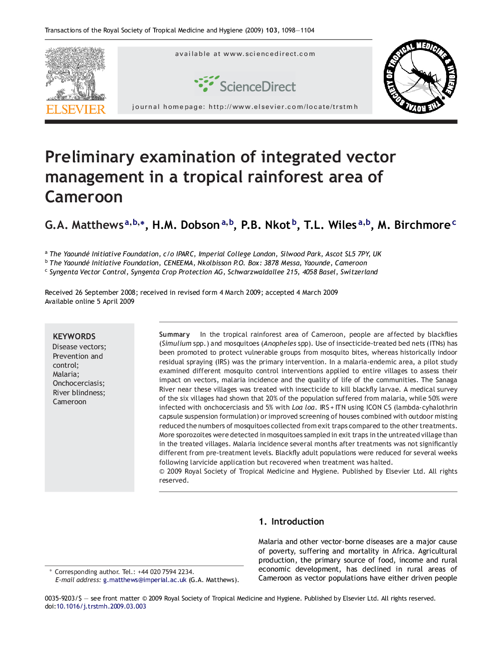 Preliminary examination of integrated vector management in a tropical rainforest area of Cameroon