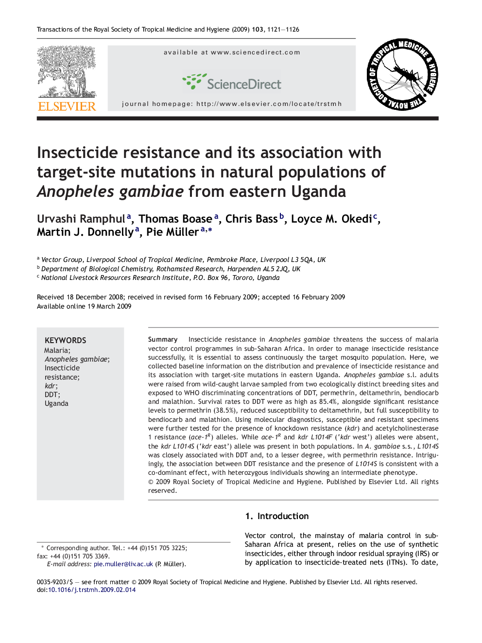 Insecticide resistance and its association with target-site mutations in natural populations of Anopheles gambiae from eastern Uganda