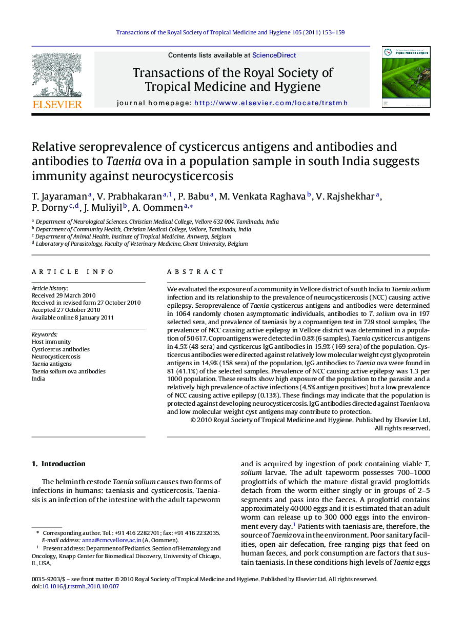 Relative seroprevalence of cysticercus antigens and antibodies and antibodies to Taenia ova in a population sample in south India suggests immunity against neurocysticercosis