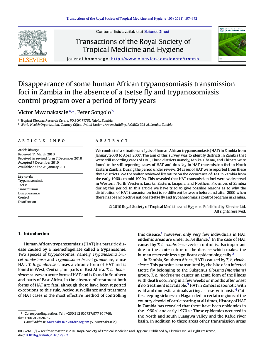 Disappearance of some human African trypanosomiasis transmission foci in Zambia in the absence of a tsetse fly and trypanosomiasis control program over a period of forty years