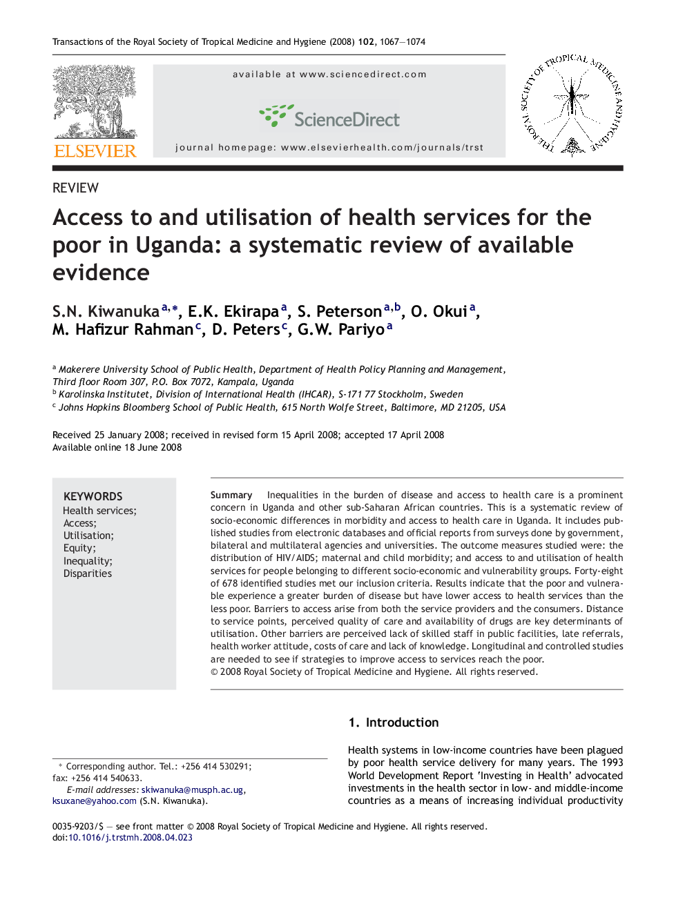 Access to and utilisation of health services for the poor in Uganda: a systematic review of available evidence