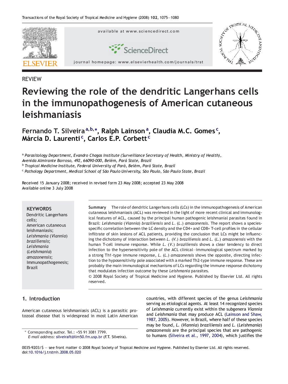 Reviewing the role of the dendritic Langerhans cells in the immunopathogenesis of American cutaneous leishmaniasis