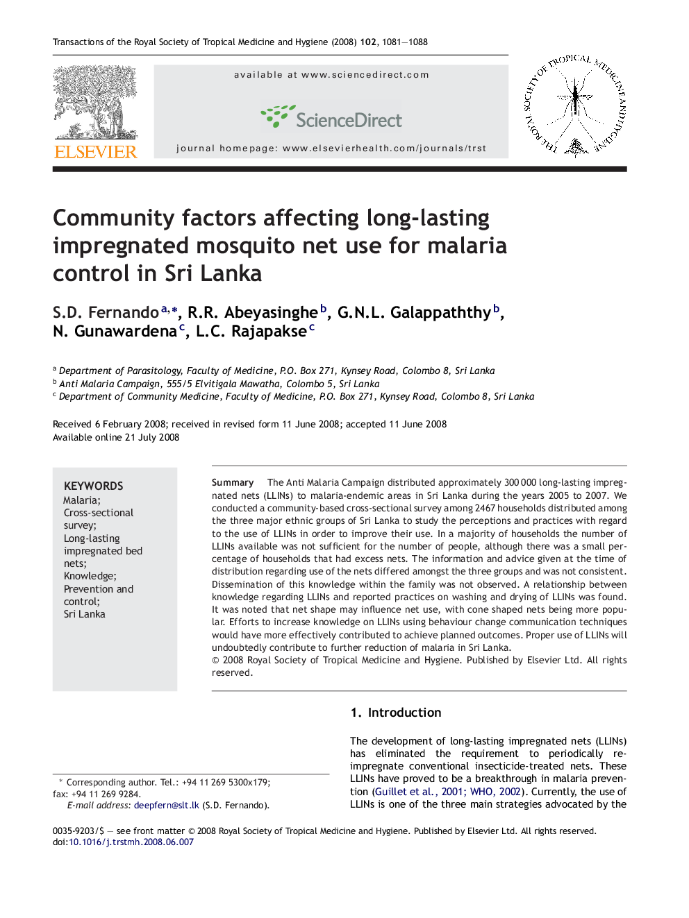 Community factors affecting long-lasting impregnated mosquito net use for malaria control in Sri Lanka