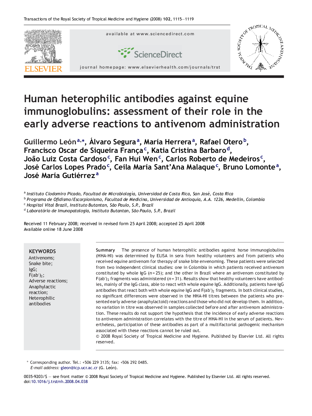 Human heterophilic antibodies against equine immunoglobulins: assessment of their role in the early adverse reactions to antivenom administration