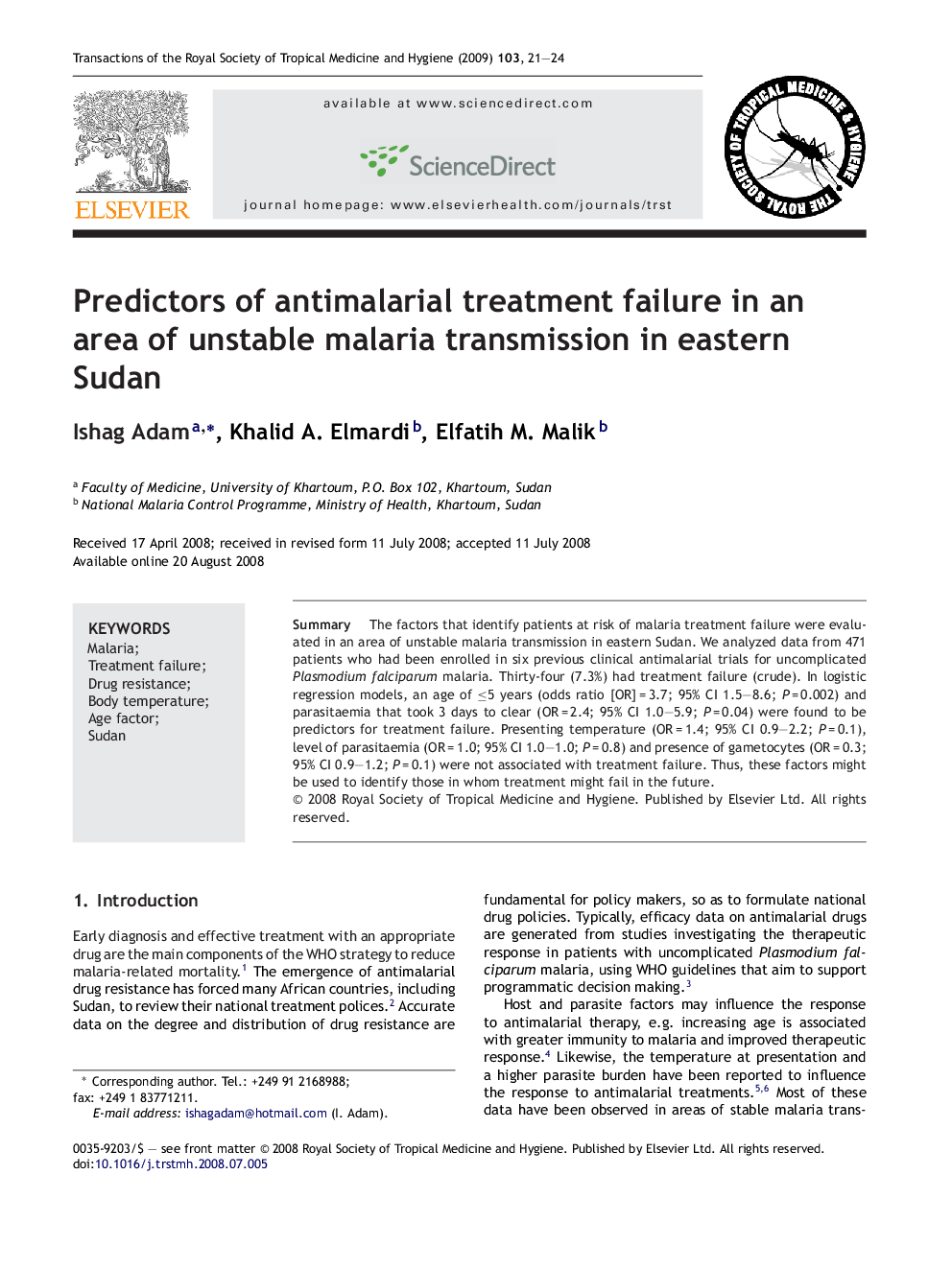 Predictors of antimalarial treatment failure in an area of unstable malaria transmission in eastern Sudan