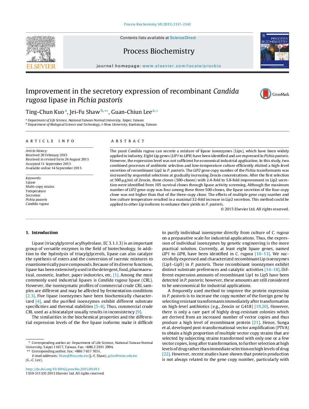 Improvement in the secretory expression of recombinant Candida rugosa lipase in Pichia pastoris