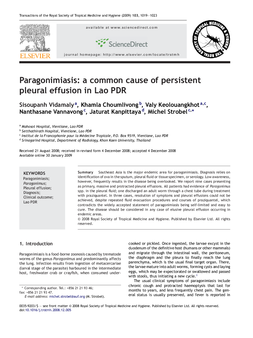 Paragonimiasis: a common cause of persistent pleural effusion in Lao PDR