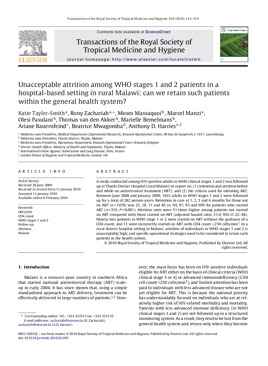 Unacceptable attrition among WHO stages 1 and 2 patients in a hospital-based setting in rural Malawi: can we retain such patients within the general health system?