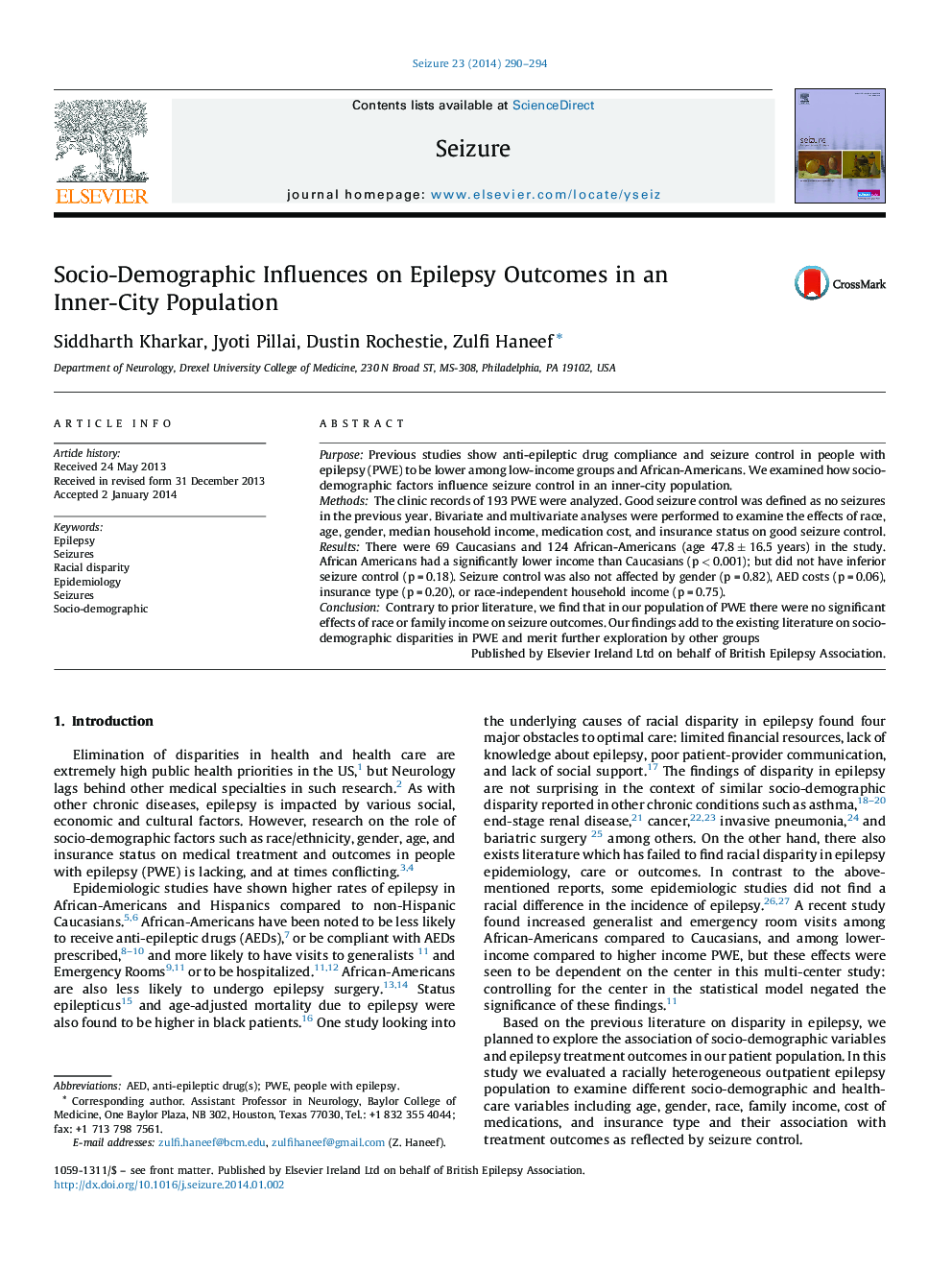 Socio-Demographic Influences on Epilepsy Outcomes in an Inner-City Population