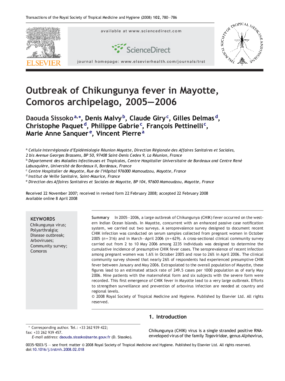 Outbreak of Chikungunya fever in Mayotte, Comoros archipelago, 2005-2006