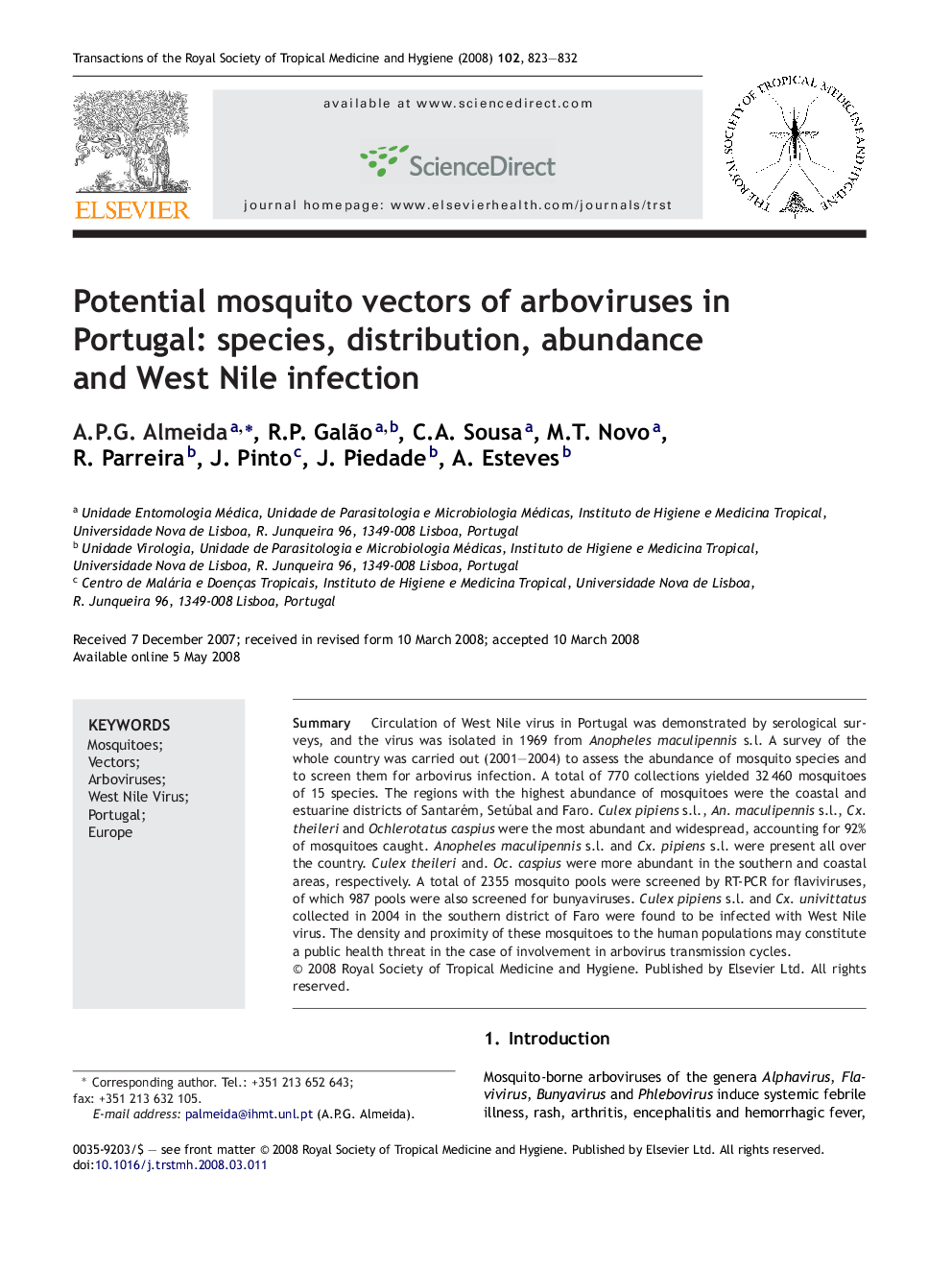 Potential mosquito vectors of arboviruses in Portugal: species, distribution, abundance and West Nile infection