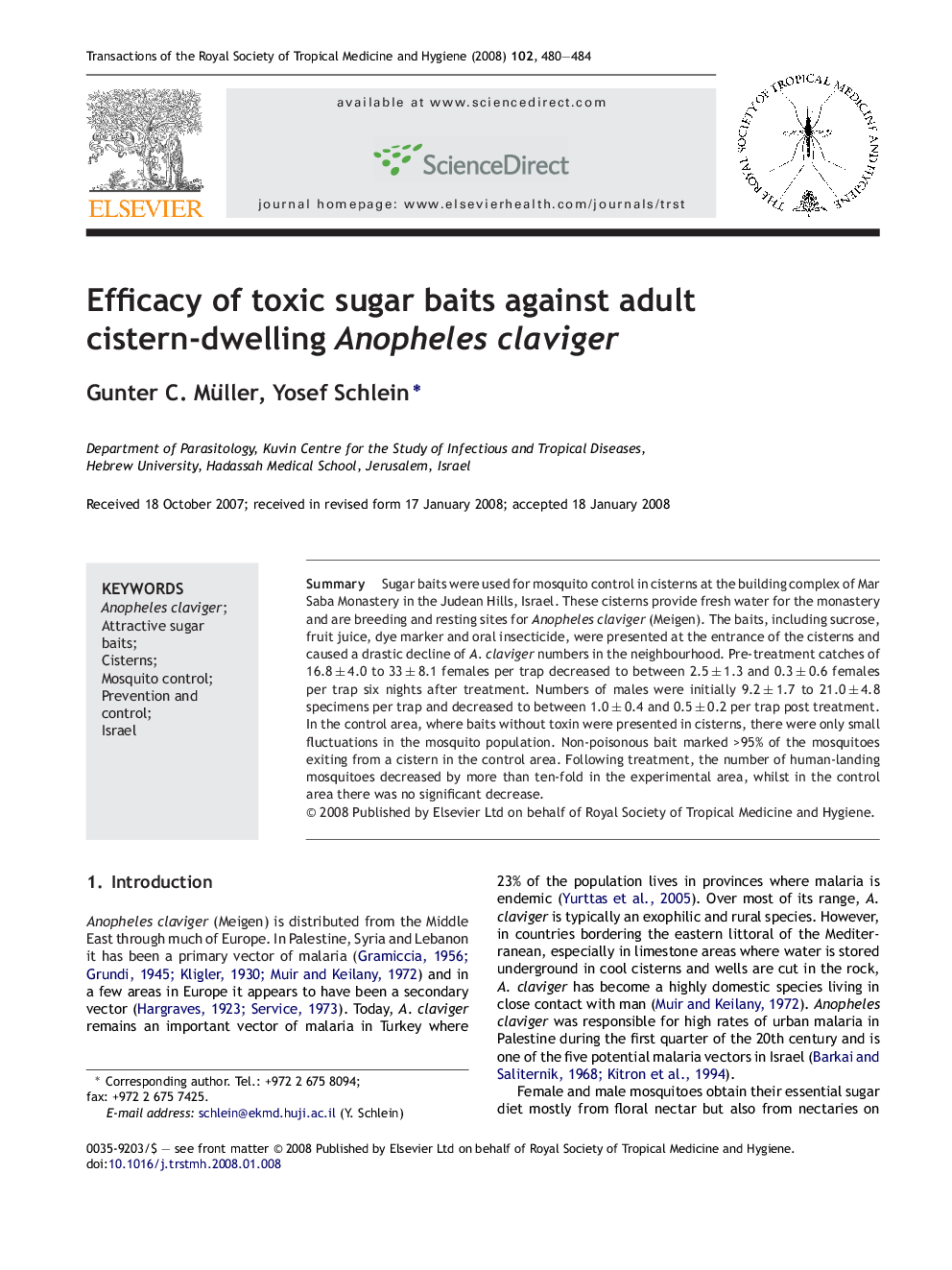 Efficacy of toxic sugar baits against adult cistern-dwelling Anopheles claviger