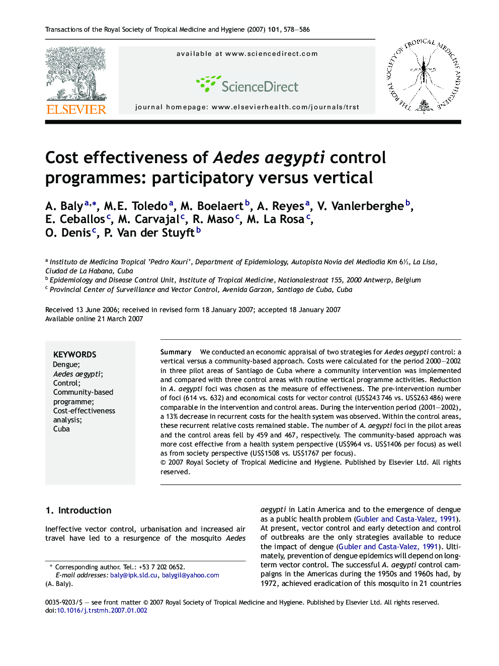 Cost effectiveness of Aedes aegypti control programmes: participatory versus vertical