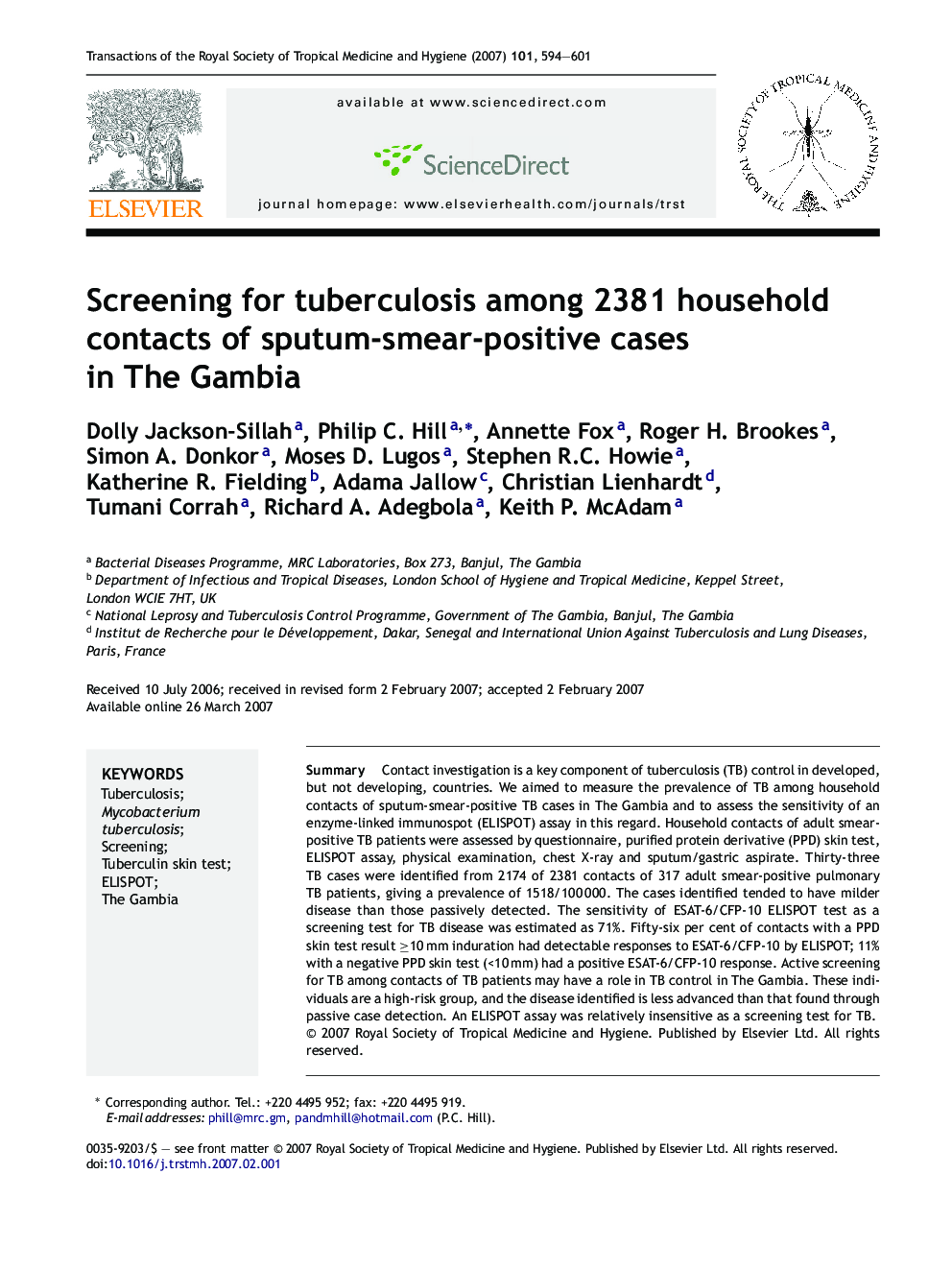 Screening for tuberculosis among 2381 household contacts of sputum-smear-positive cases in The Gambia