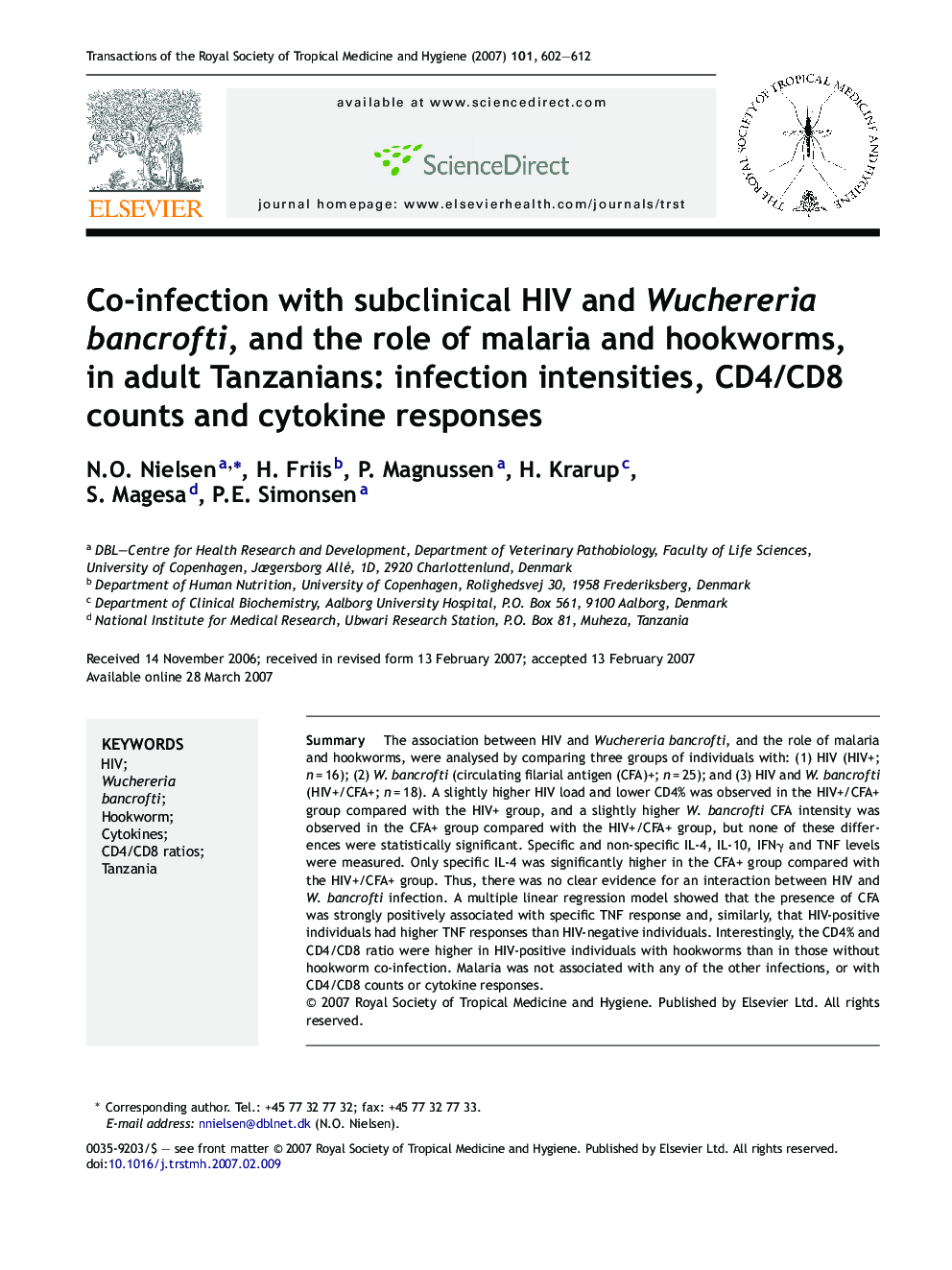 Co-infection with subclinical HIV and Wuchereria bancrofti, and the role of malaria and hookworms, in adult Tanzanians: infection intensities, CD4/CD8 counts and cytokine responses