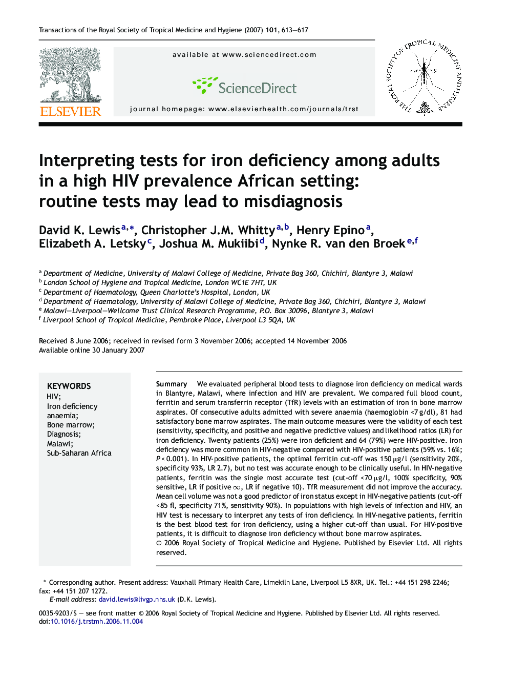 Interpreting tests for iron deficiency among adults in a high HIV prevalence African setting: routine tests may lead to misdiagnosis