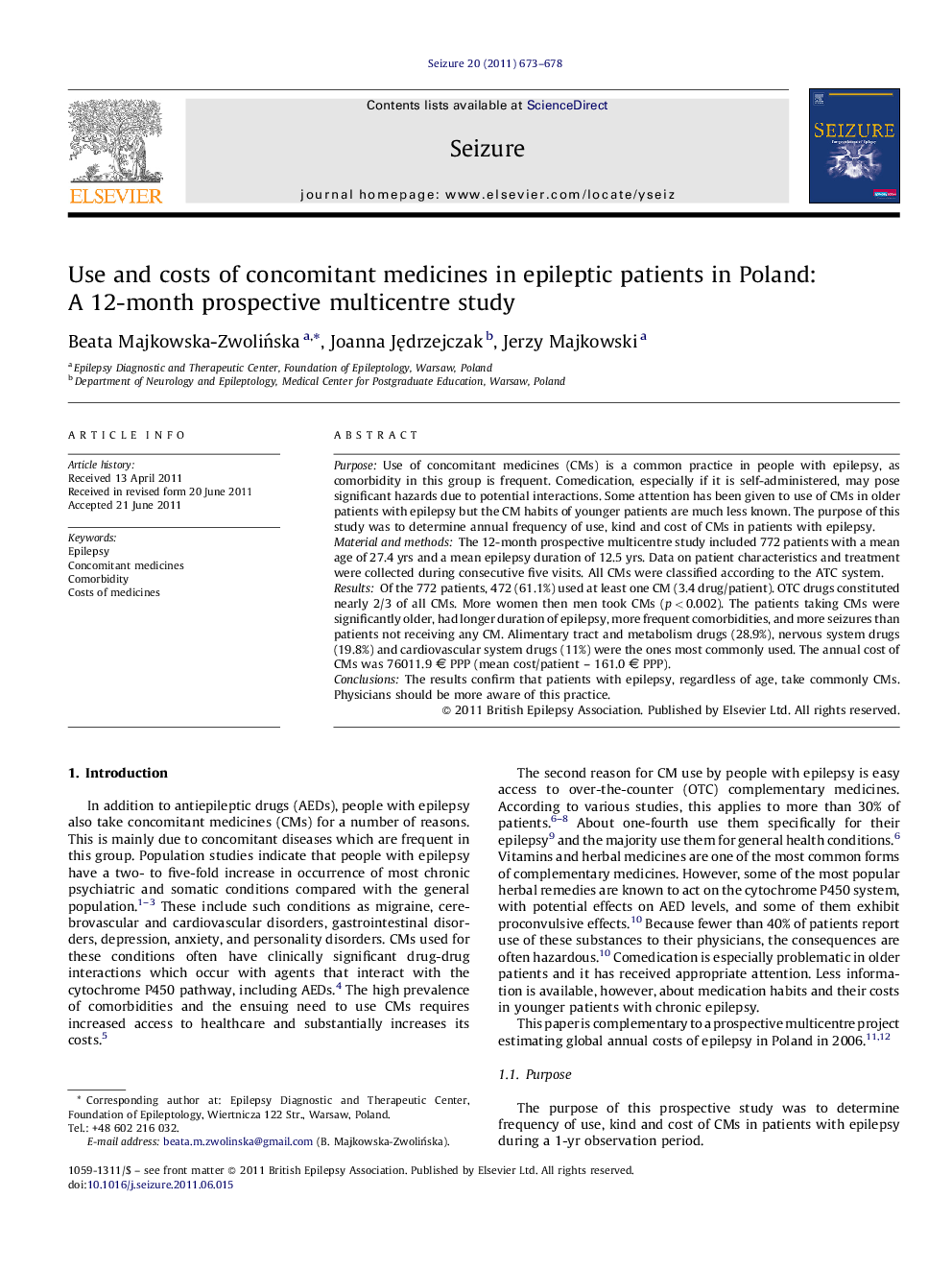 Use and costs of concomitant medicines in epileptic patients in Poland: A 12-month prospective multicentre study