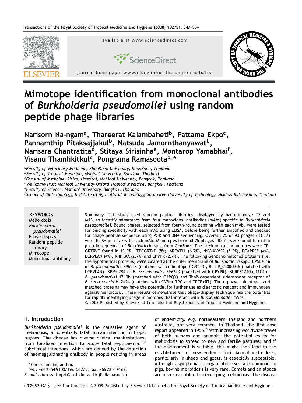 Mimotope identification from monoclonal antibodies of Burkholderia pseudomallei using random peptide phage libraries 