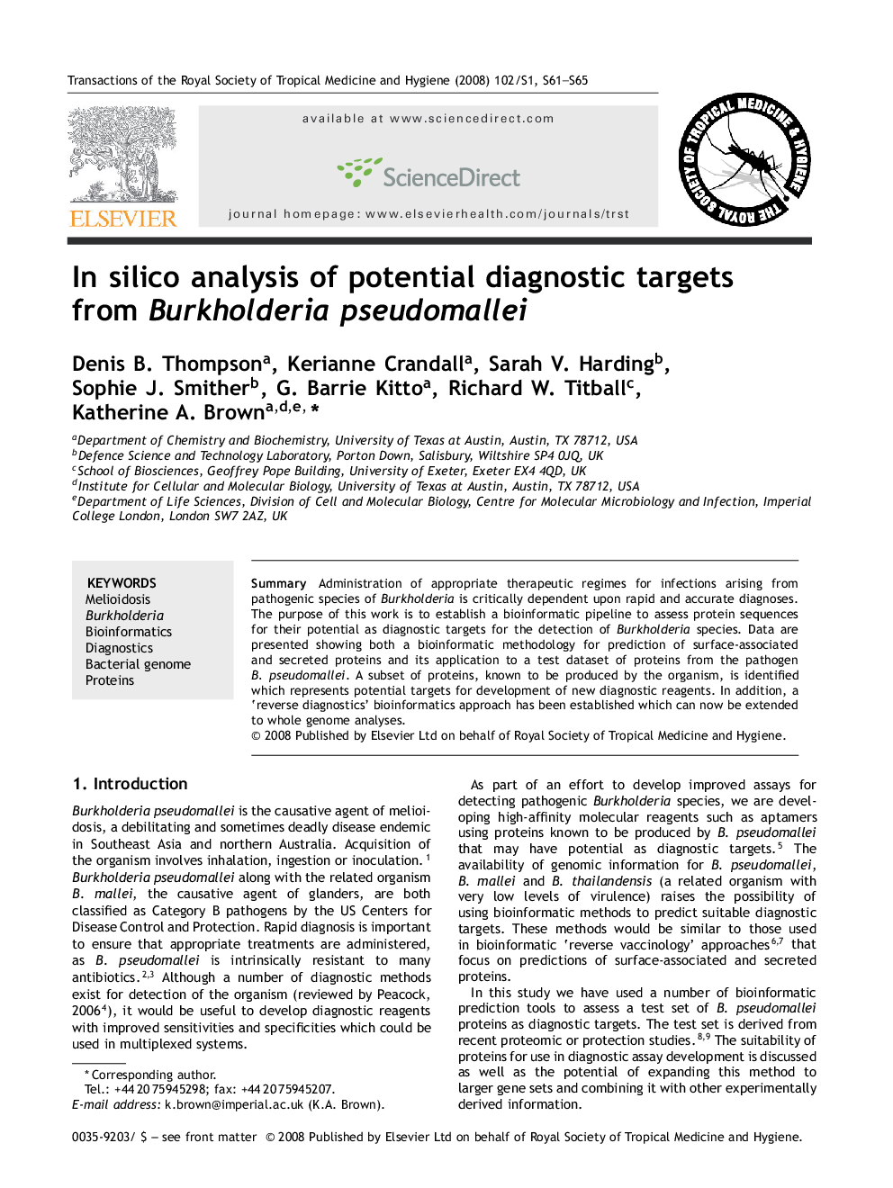 In silico analysis of potential diagnostic targets from Burkholderia pseudomallei