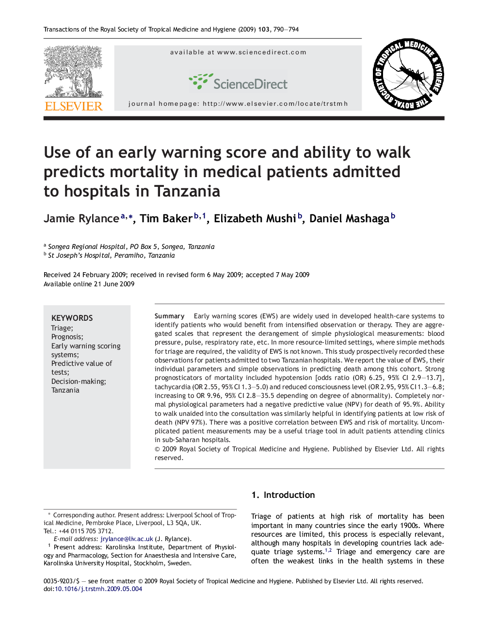 Use of an early warning score and ability to walk predicts mortality in medical patients admitted to hospitals in Tanzania