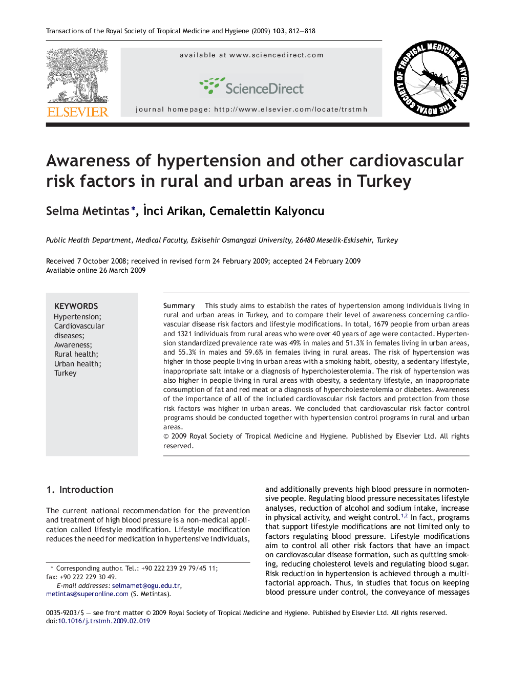 Awareness of hypertension and other cardiovascular risk factors in rural and urban areas in Turkey