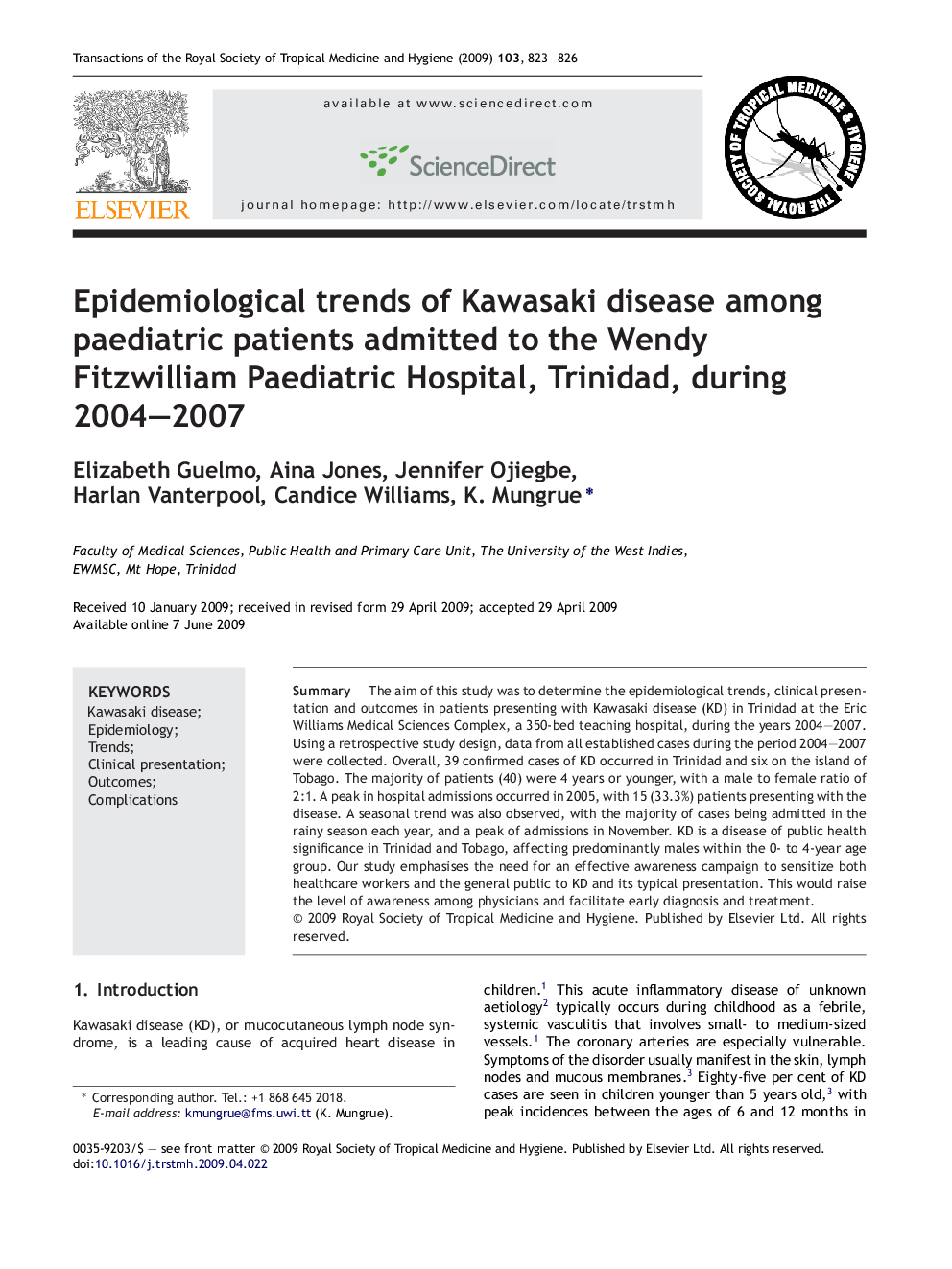 Epidemiological trends of Kawasaki disease among paediatric patients admitted to the Wendy Fitzwilliam Paediatric Hospital, Trinidad, during 2004-2007