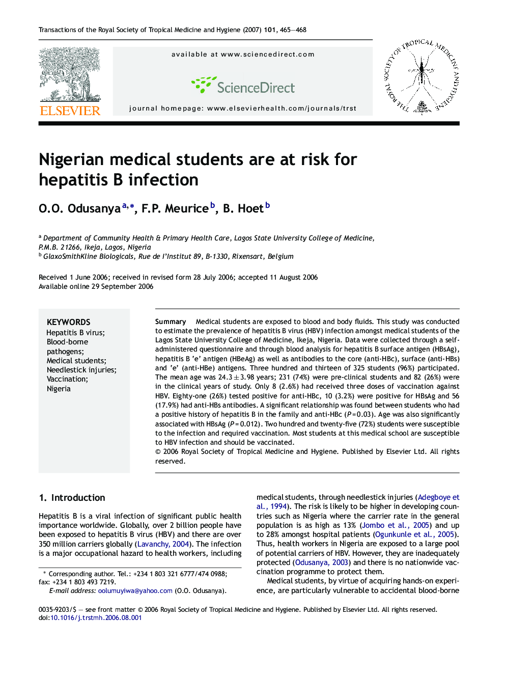 Nigerian medical students are at risk for hepatitis B infection