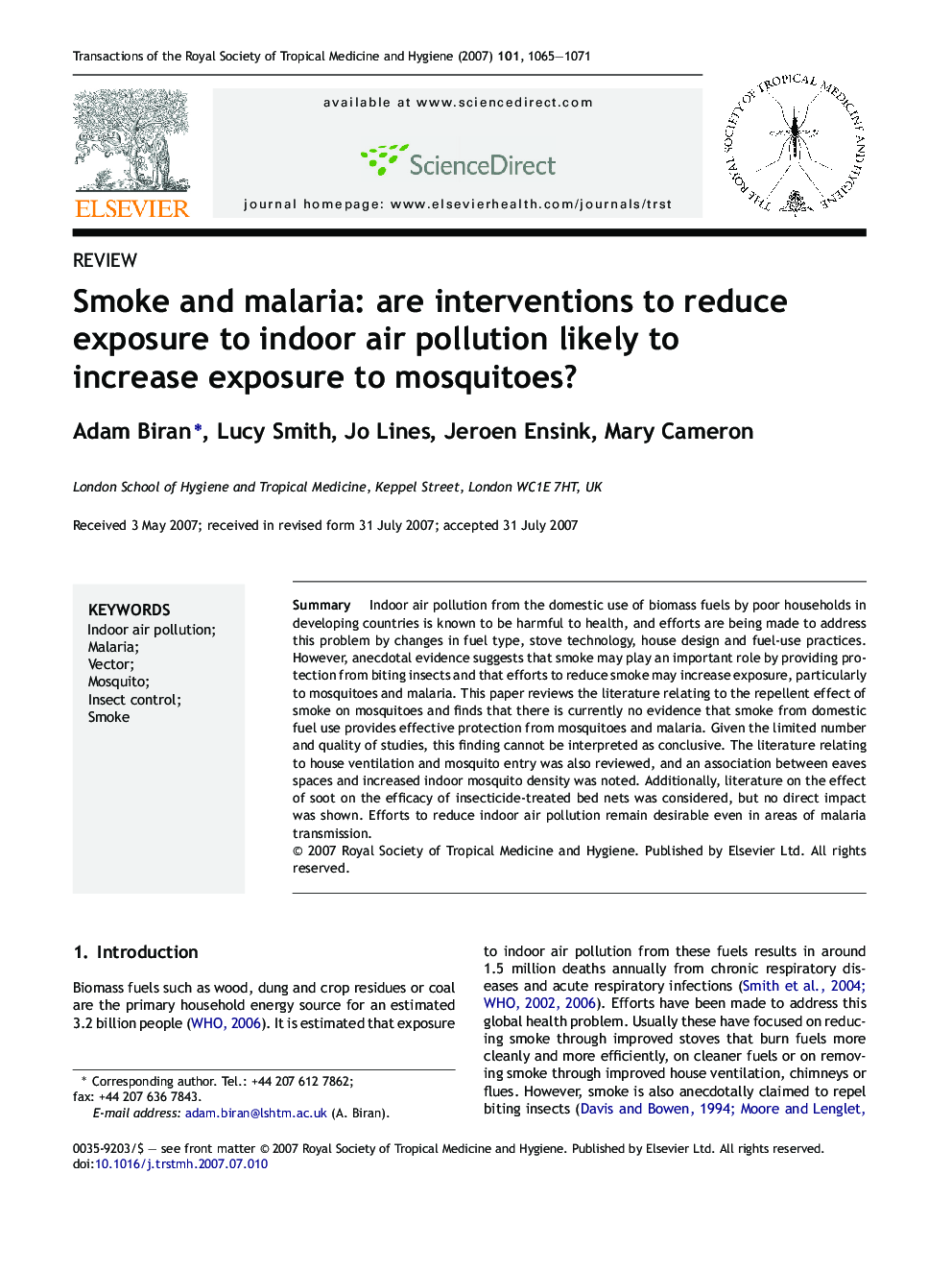 Smoke and malaria: are interventions to reduce exposure to indoor air pollution likely to increase exposure to mosquitoes?