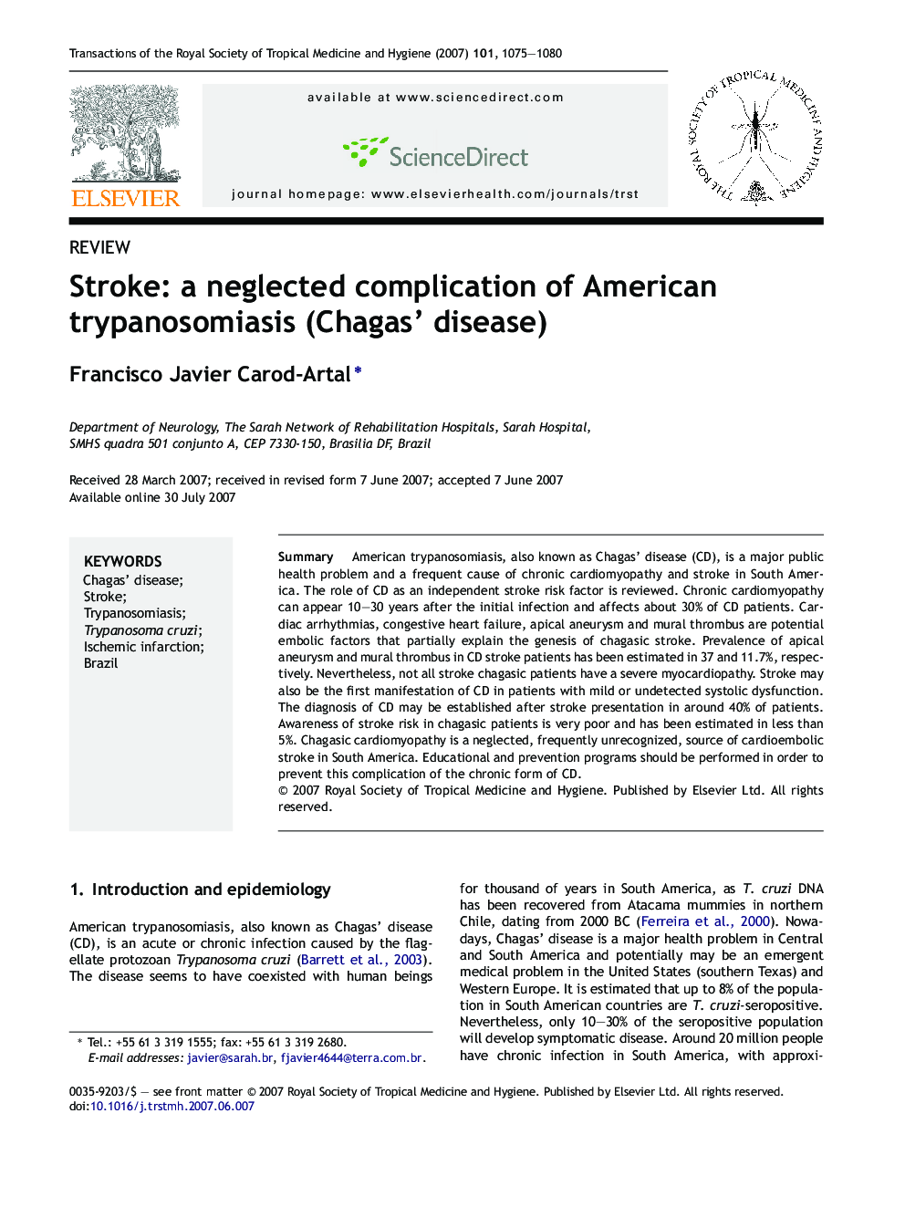 Stroke: a neglected complication of American trypanosomiasis (Chagas' disease)