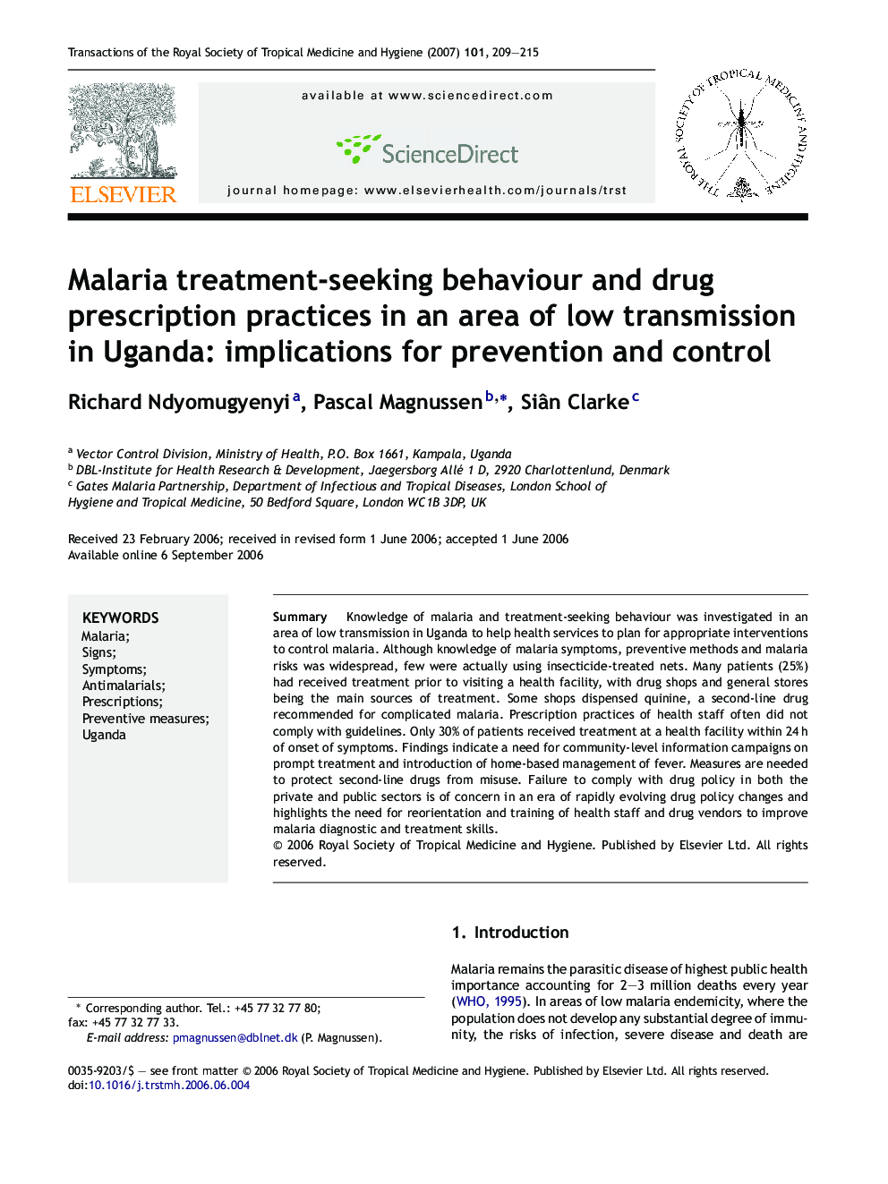 Malaria treatment-seeking behaviour and drug prescription practices in an area of low transmission in Uganda: implications for prevention and control