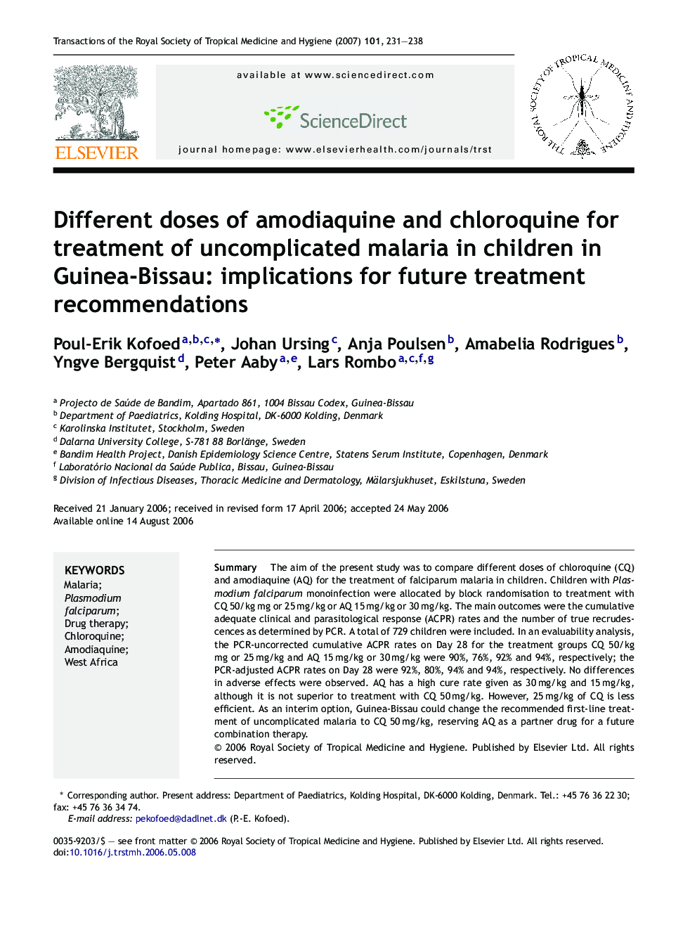 Different doses of amodiaquine and chloroquine for treatment of uncomplicated malaria in children in Guinea-Bissau: implications for future treatment recommendations