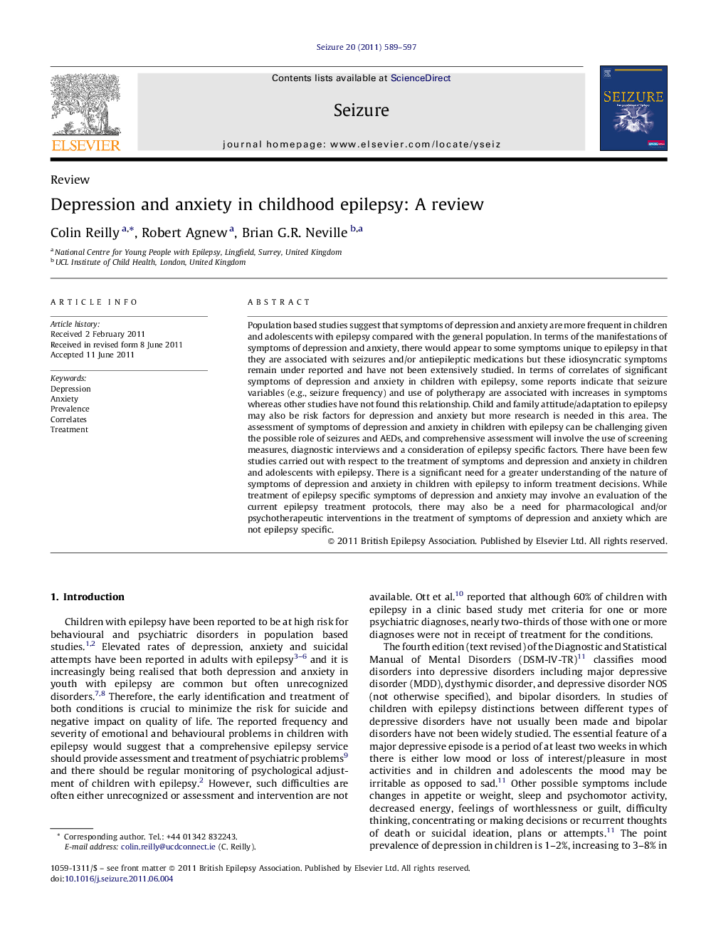 Depression and anxiety in childhood epilepsy: A review