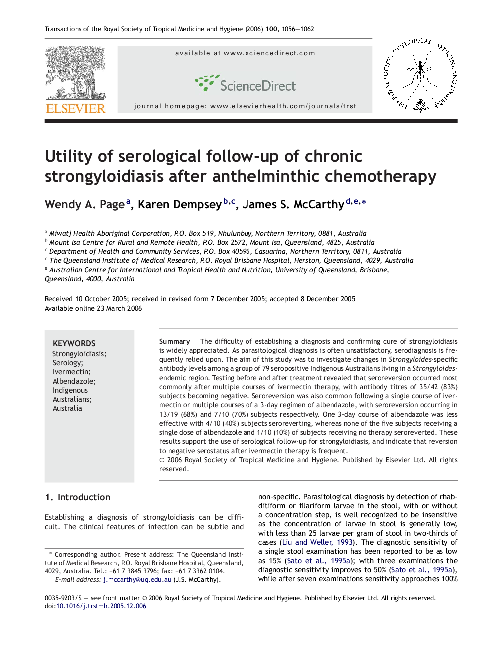 Utility of serological follow-up of chronic strongyloidiasis after anthelminthic chemotherapy