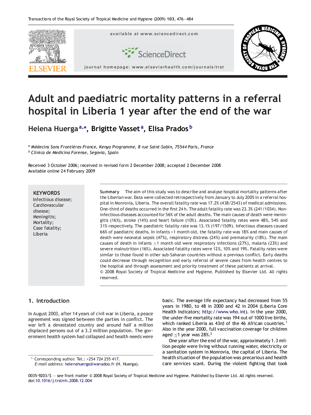 Adult and paediatric mortality patterns in a referral hospital in Liberia 1 year after the end of the war