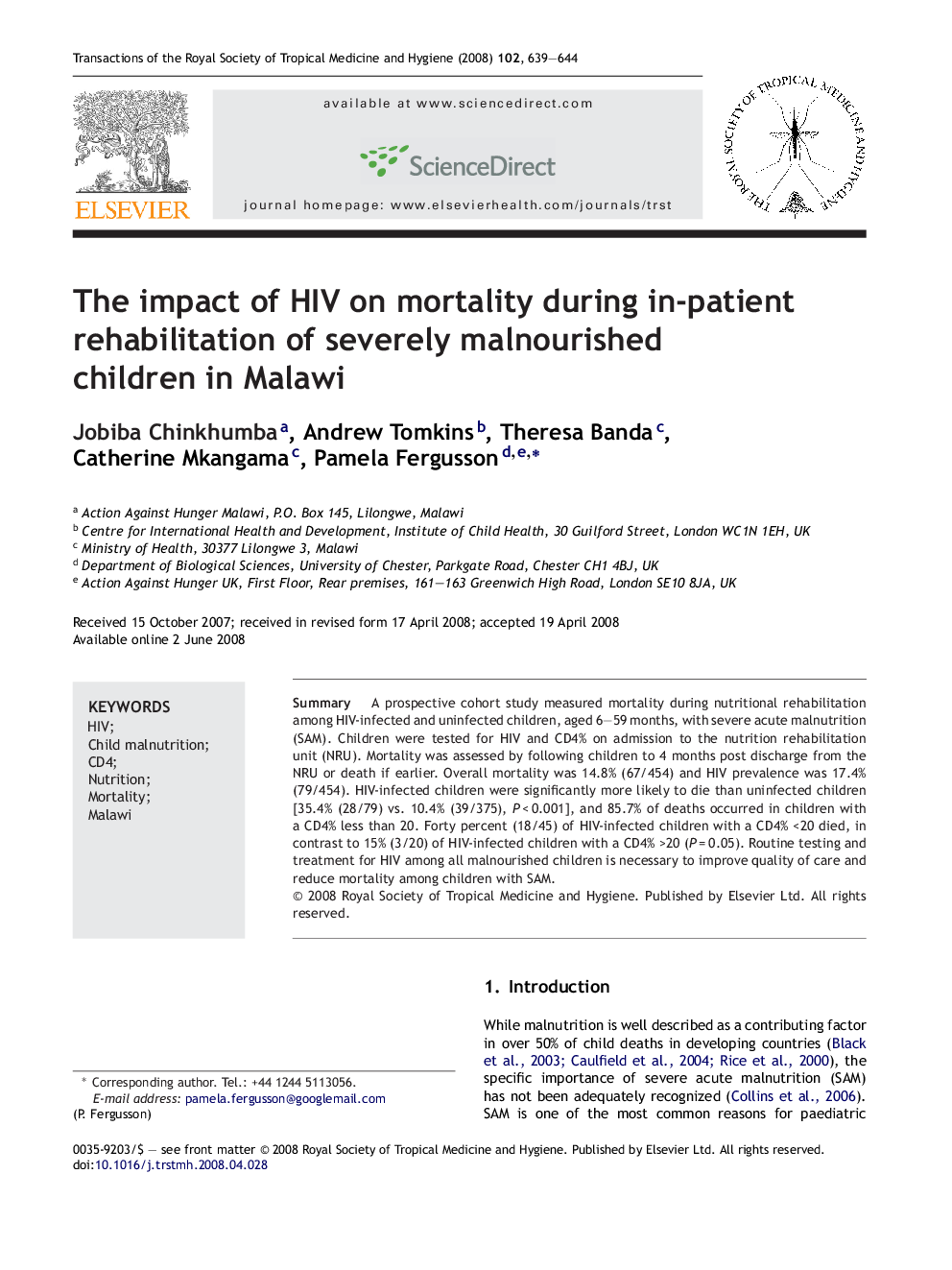 The impact of HIV on mortality during in-patient rehabilitation of severely malnourished children in Malawi