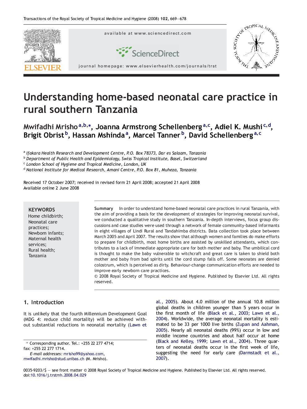 Understanding home-based neonatal care practice in rural southern Tanzania