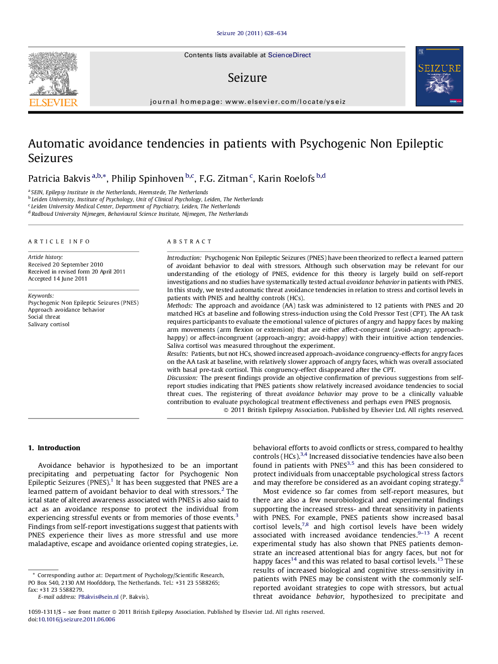 عکس صفحه اول مقاله: Automatic avoidance tendencies in patients with Psychogenic Non Epileptic Seizures Automatic avoidance tendencies in patients with Psychogenic Non Epileptic Seizures